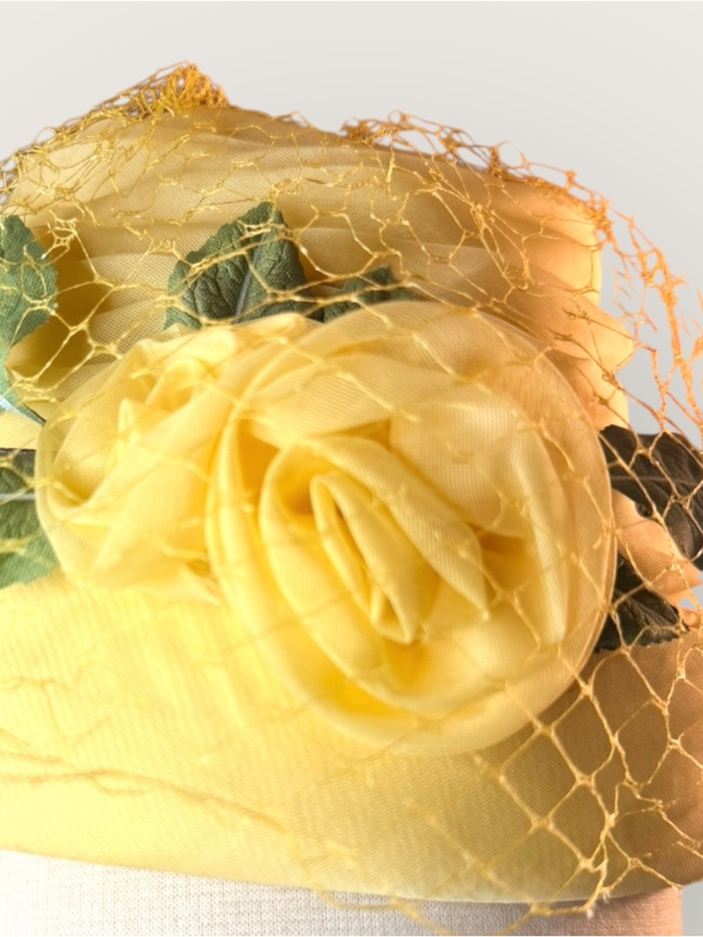 1950’s Yellow Floral Fascinator Hat with Veil - Women Accessories